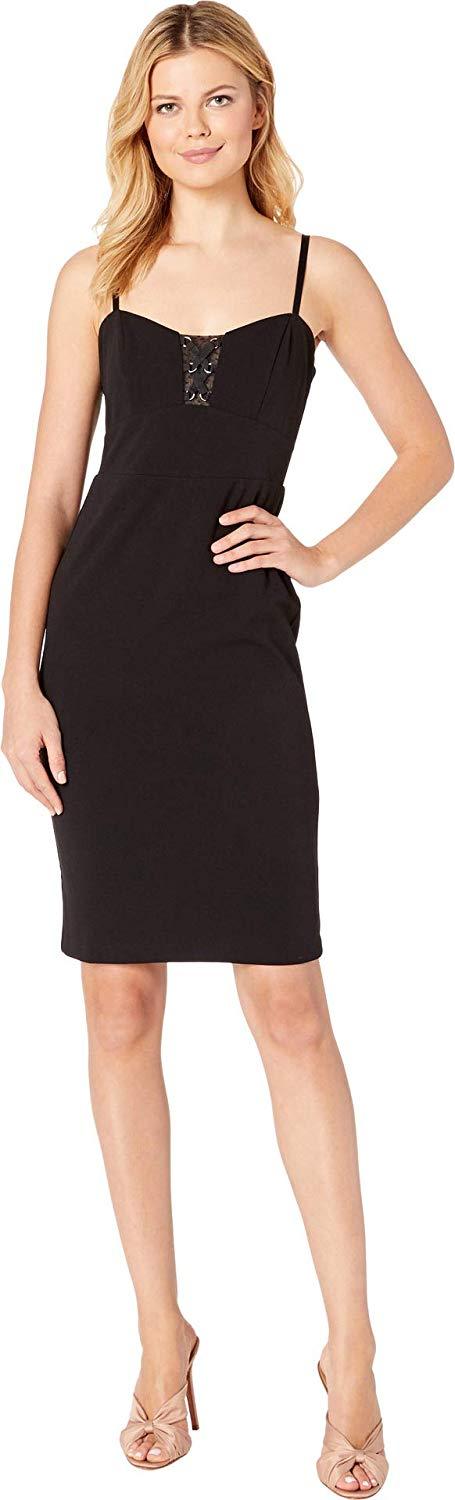Bebe - 70478 Knee Length Sheer Lace Accent Sheath Dress In Black