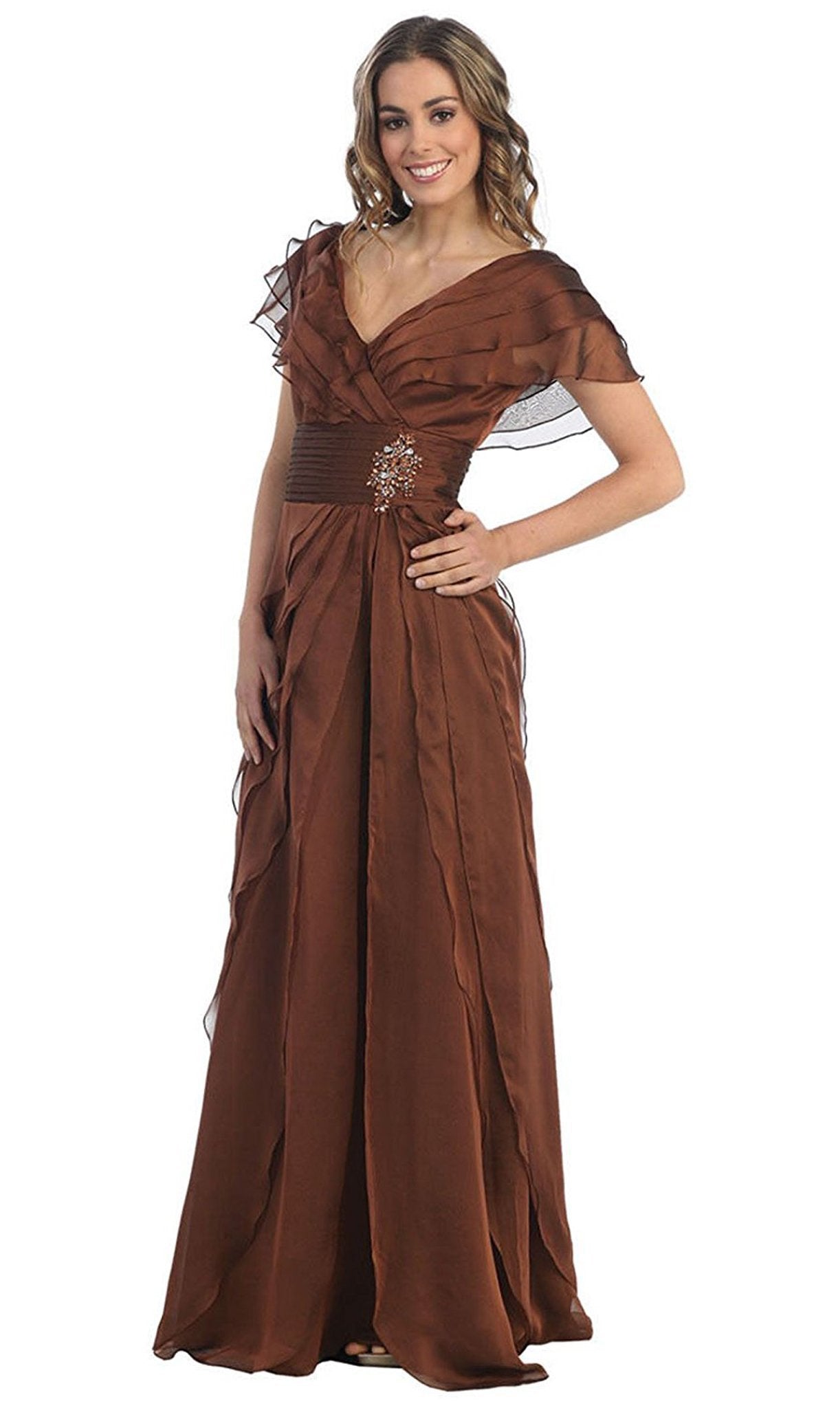 May Queen - MQ831 Tiered Chiffon Surplice V-Neck Formal Dress In Brown