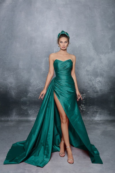 Tarik Ediz - 96092SC Ruched Allover Strapless Slit Gown