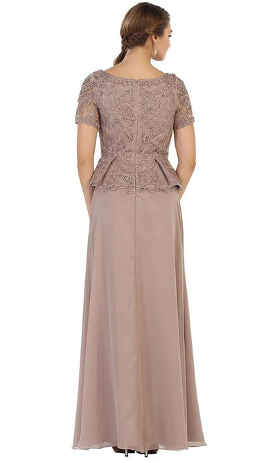 May Queen - Short Sleeve Embroidered Peplum A-line Dress MQ-1427 In Brown