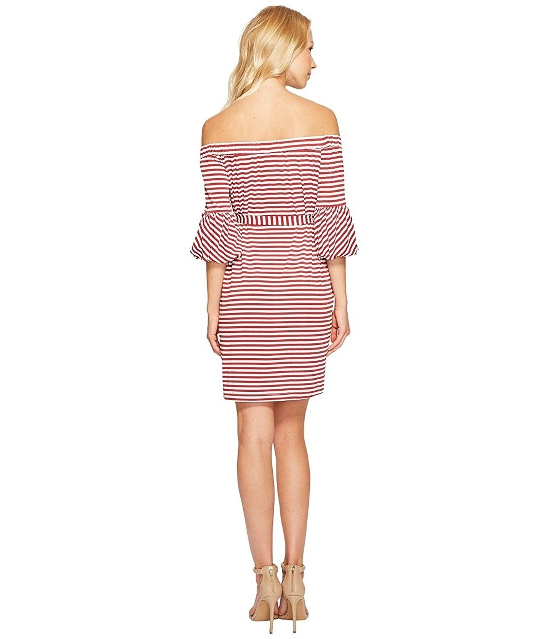 Donna Morgan - D5259M Striped Off Shoulder Bell Sleeve Dress in Red and White