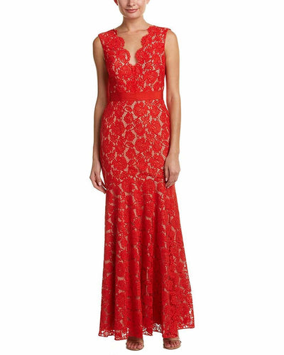 Theia - 883183 Floral Lace Scalloped V-neck Trumpet Dress in Red and Neutral