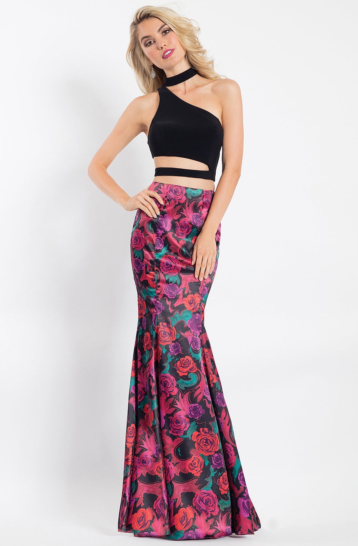 Rachel Allan - 6208 Two-Piece Asymmetrical Neck Mermaid Gown in Black and Multi-Color