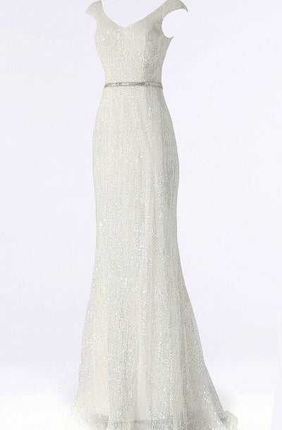 Jovani - JVN62499 V Neck Cap Sleeved Fitted Sequin Ornate Prom Dress In Neutral and White