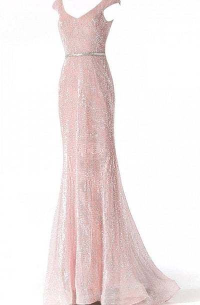 Jovani - JVN62499 V Neck Cap Sleeved Fitted Sequin Ornate Prom Dress In Pink