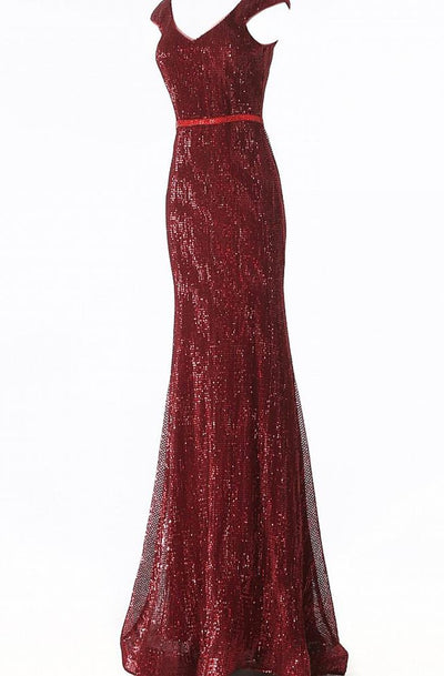 Jovani - JVN62499 V Neck Cap Sleeved Fitted Sequin Ornate Prom Dress In Red