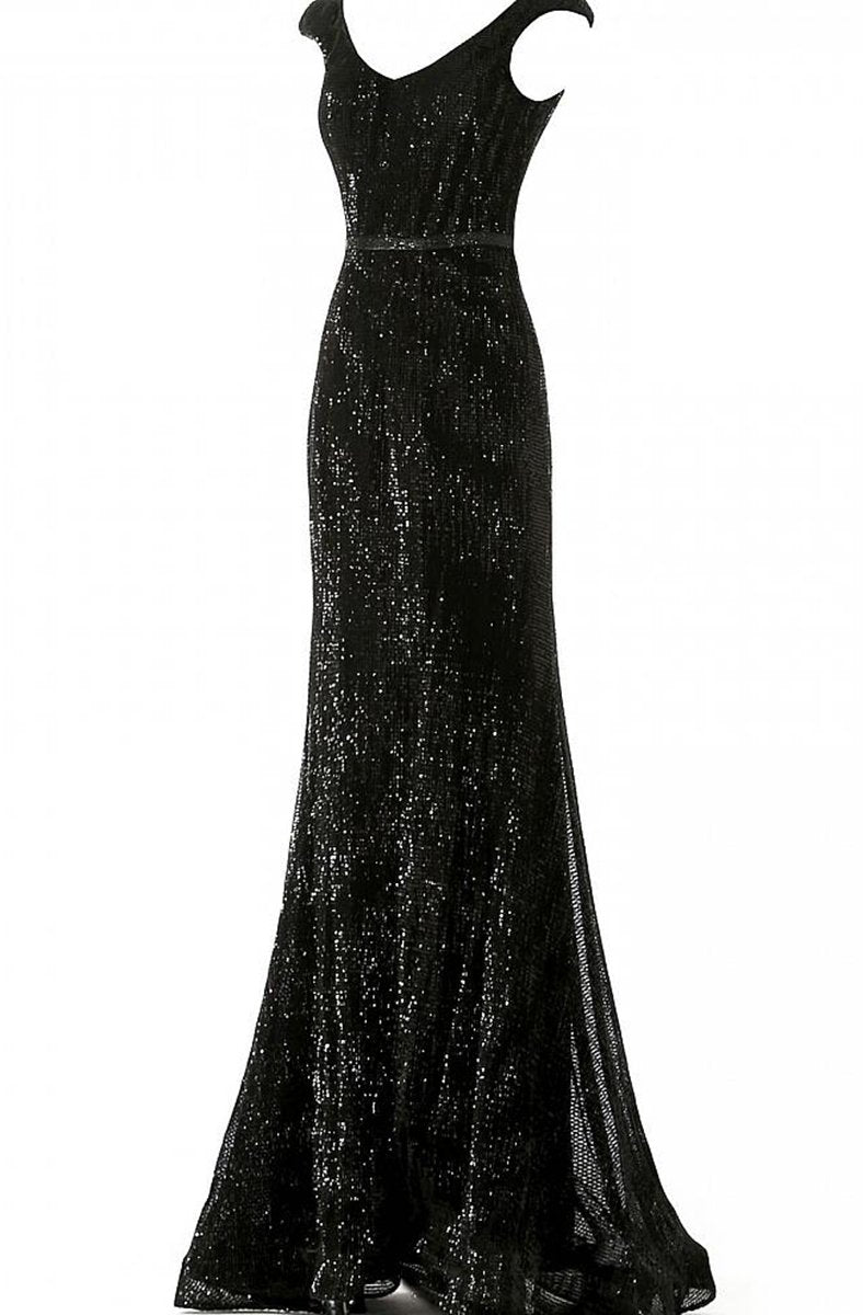 Jovani - JVN62499 V Neck Cap Sleeved Fitted Sequin Ornate Prom Dress In Black