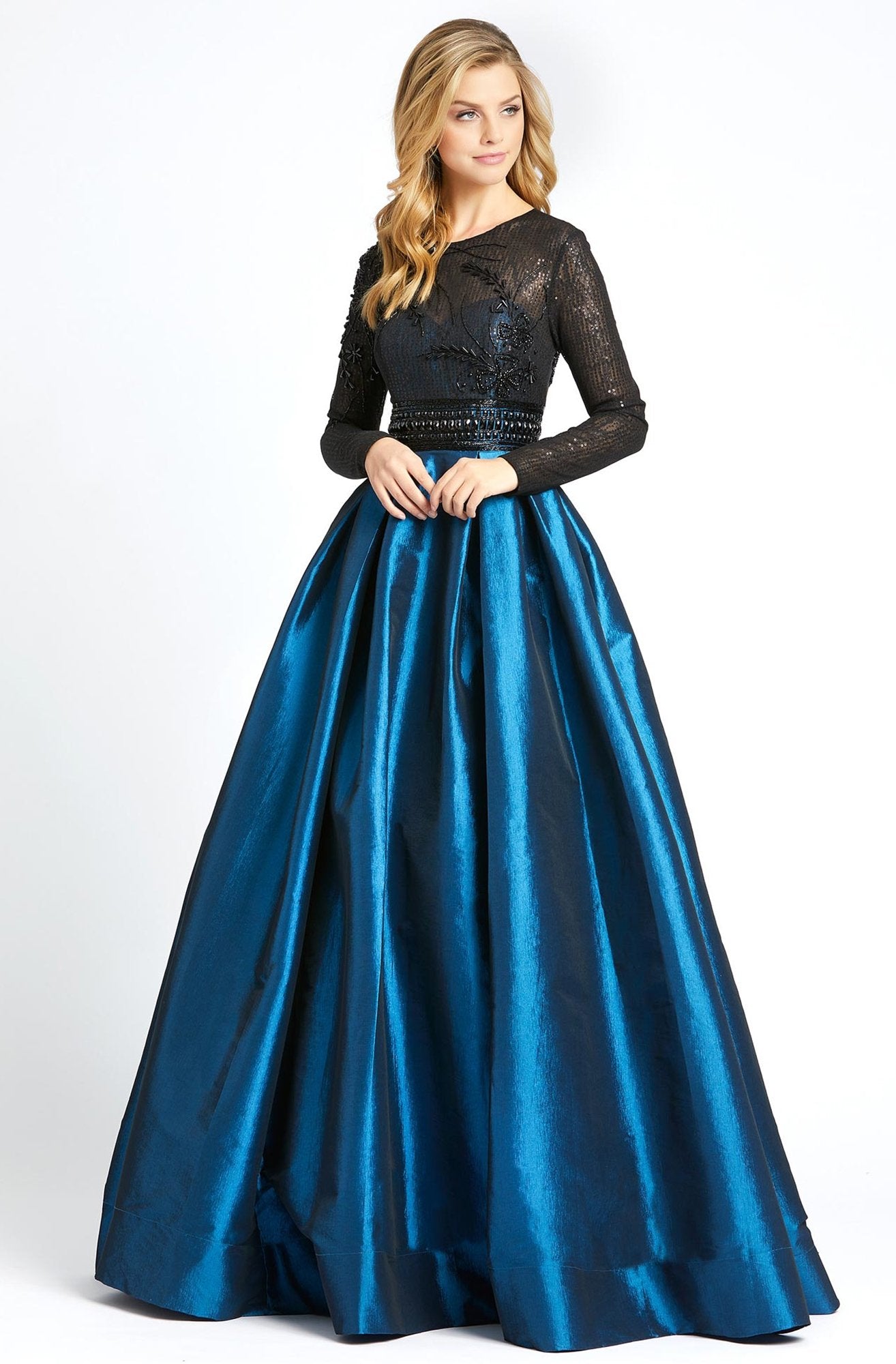 Mac Duggal Couture - 62883D Long-Sleeved Beaded Lace Shiny Dress in Blue