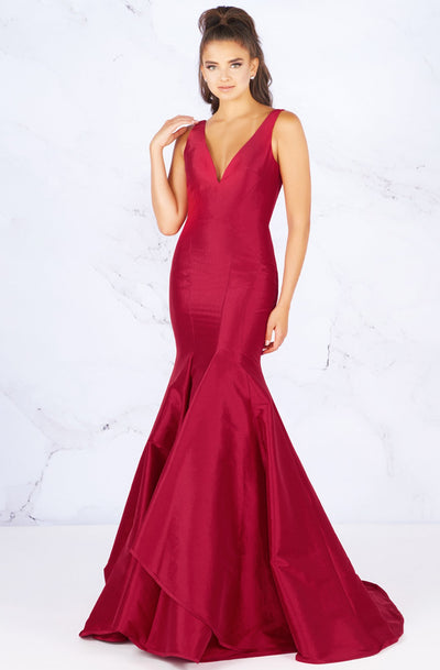 Mac Duggal - 62903L Plunging Neck Tiered Ruffle Trumpet Gown In Red