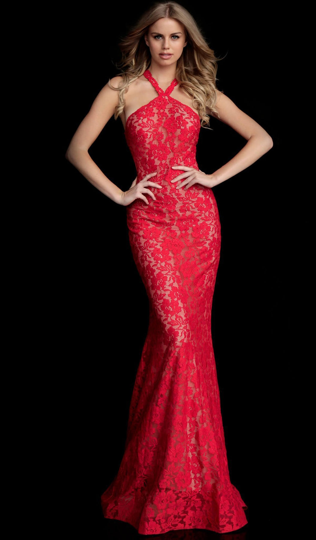 Jovani - Embellished Lace Halter Trumpet Dress 63214 In Red