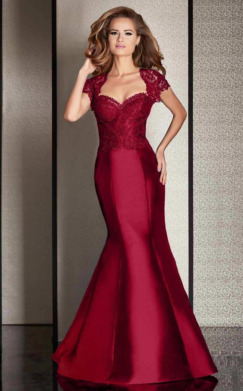 Clarisse - Cap Sleeve Lace Queen Anne Mermaid Gown in Red