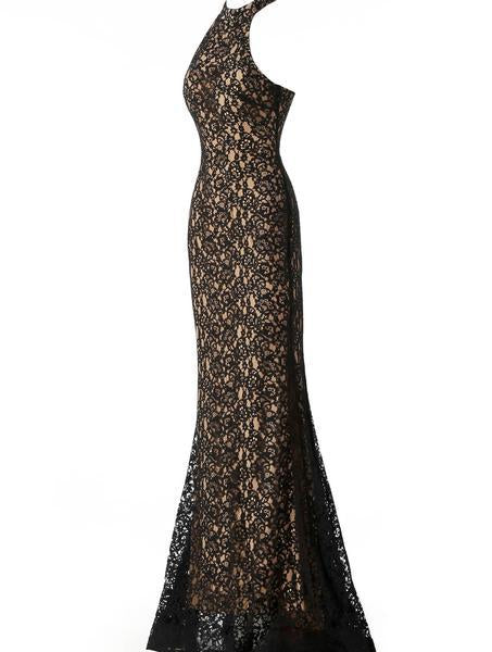 Jovani - High Halter Long Lace Trumpet Dress 63335 In Black