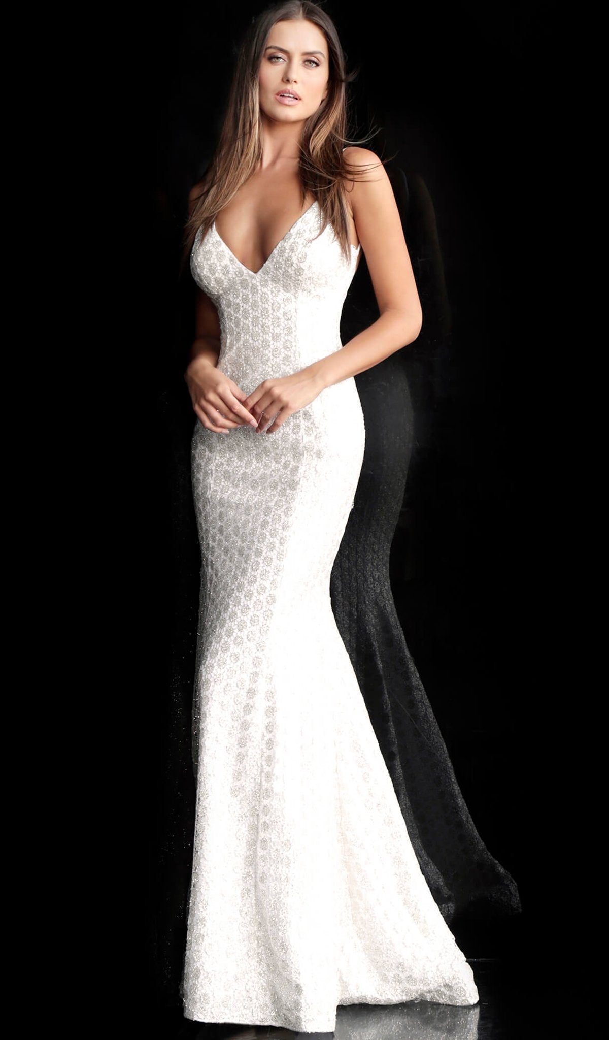 Jovani - Adorned Lace Backless Long Gown 63456 In White