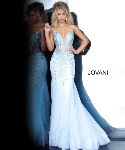 Jovani - 63704SC Embellished Sheer Corset V Neck Mermaid Dress