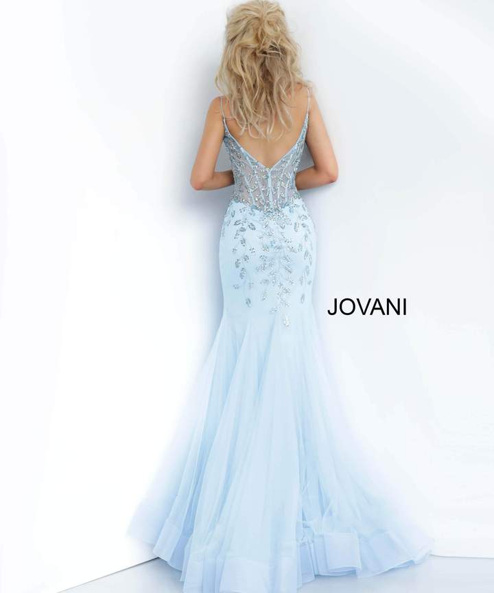 Jovani - 63704SC Embellished Sheer Corset V Neck Mermaid Dress