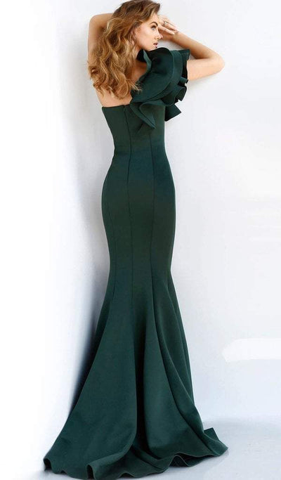 Jovani - Ruffled One Shoulder Sleeve Mermaid Dress 63994 In Green