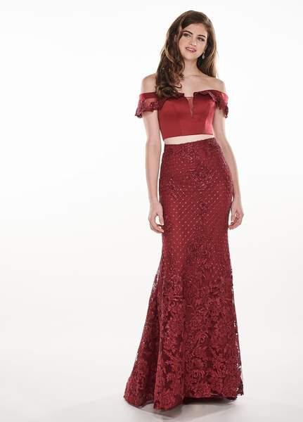 Rachel Allan - 6407 Embroidered Two Piece Off-Shoulder Trumpet Dress In Red