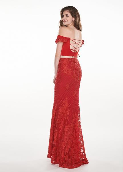 Rachel Allan - 6407 Embroidered Two Piece Off-Shoulder Trumpet Dress In Red