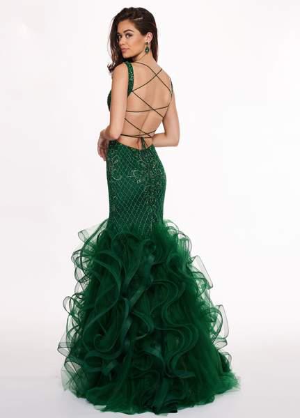 Rachel Allan - 6420 Beaded Deep V-neck Ruffled Tulle Mermaid Dress In Green