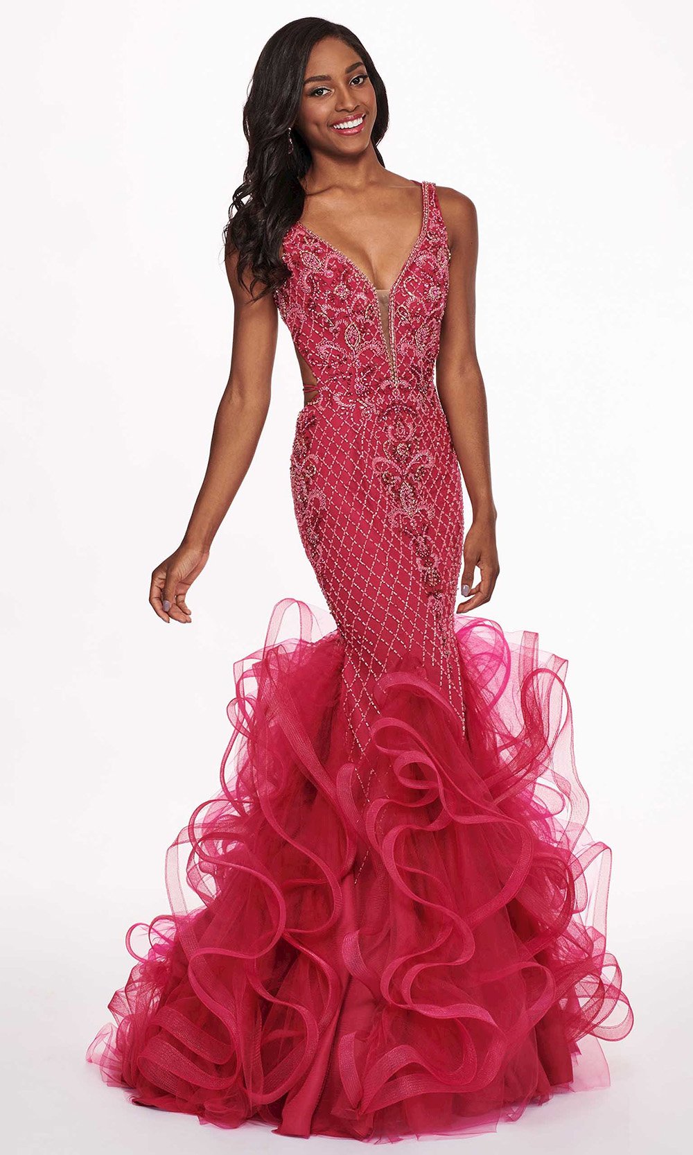 Rachel Allan - 6420 Beaded Deep V-neck Ruffled Tulle Mermaid Dress In Pink
