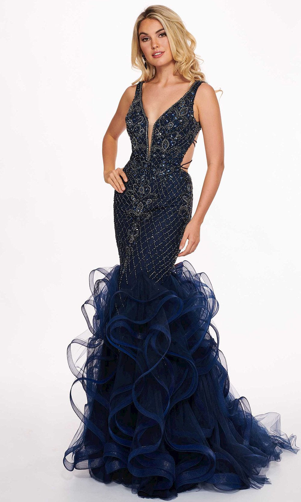 Rachel Allan - 6420 Beaded Deep V-neck Ruffled Tulle Mermaid Dress In Blue