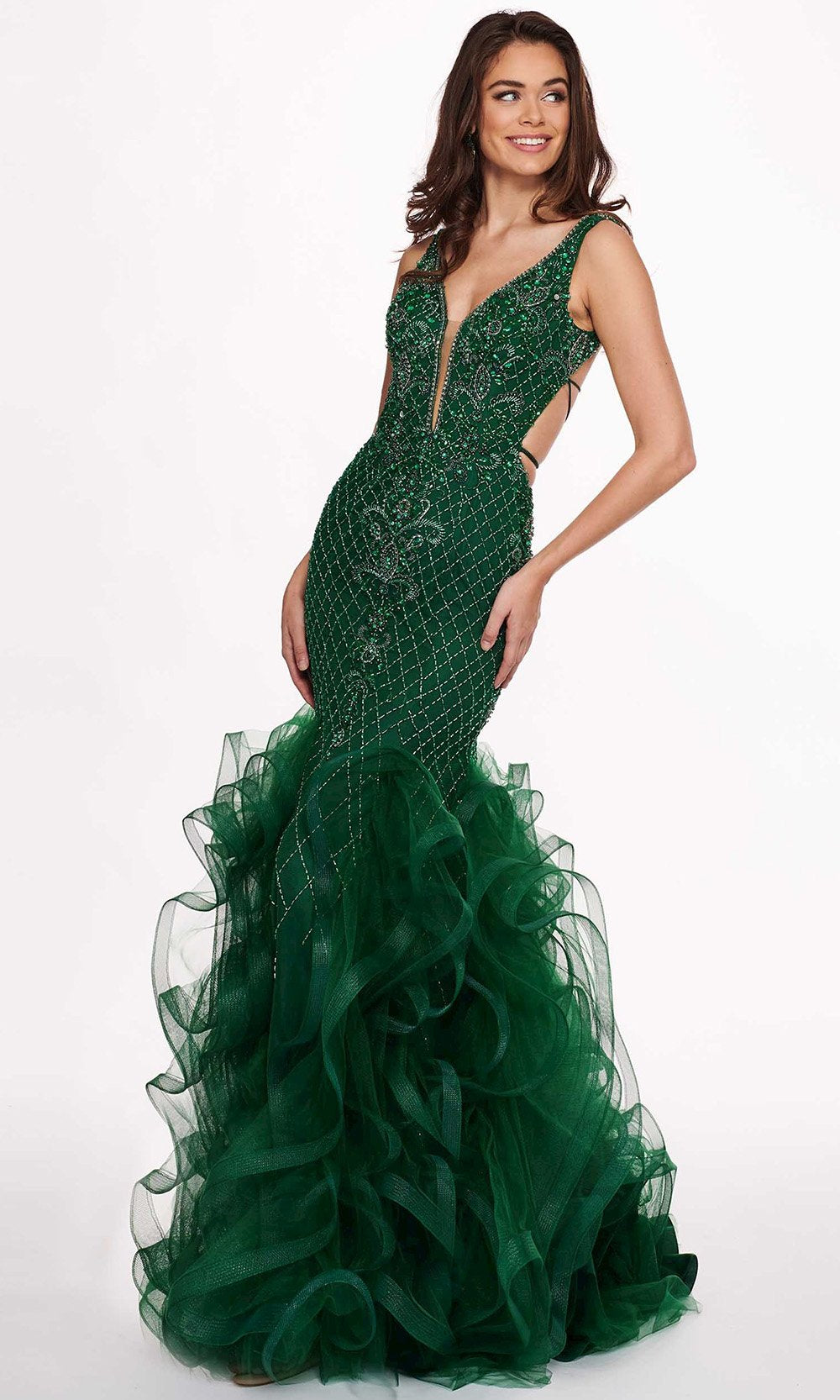 Rachel Allan - 6420 Beaded Deep V-neck Ruffled Tulle Mermaid Dress In Green