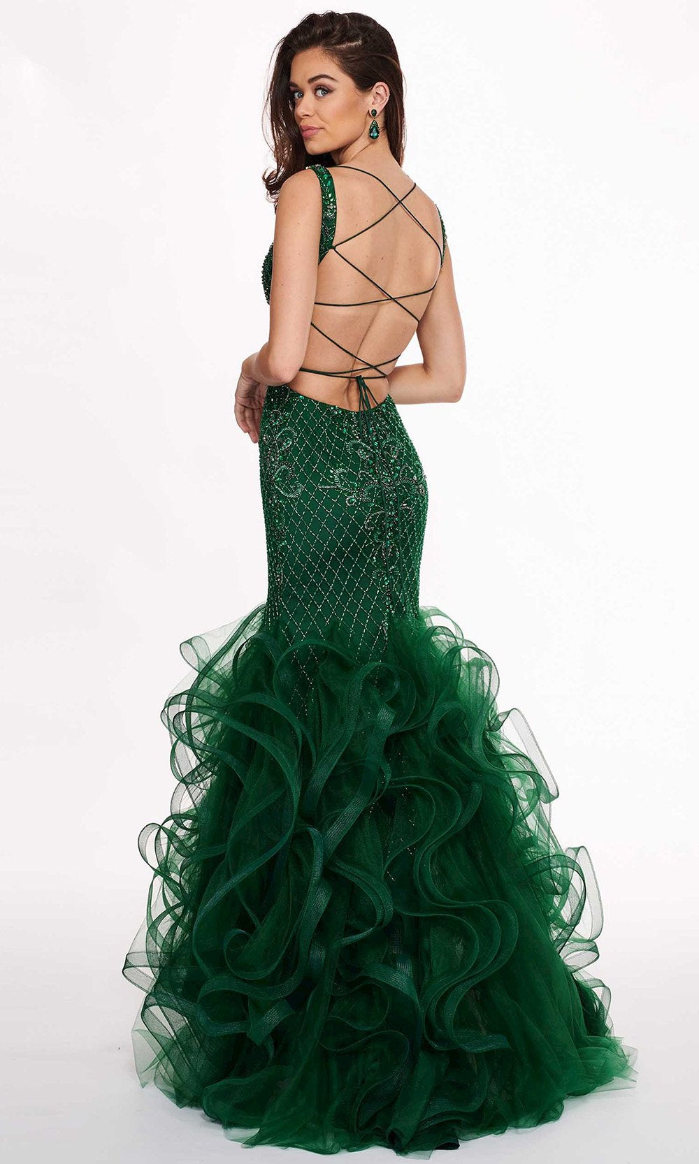 Rachel Allan - 6420 Beaded Deep V-neck Ruffled Tulle Mermaid Dress In Green