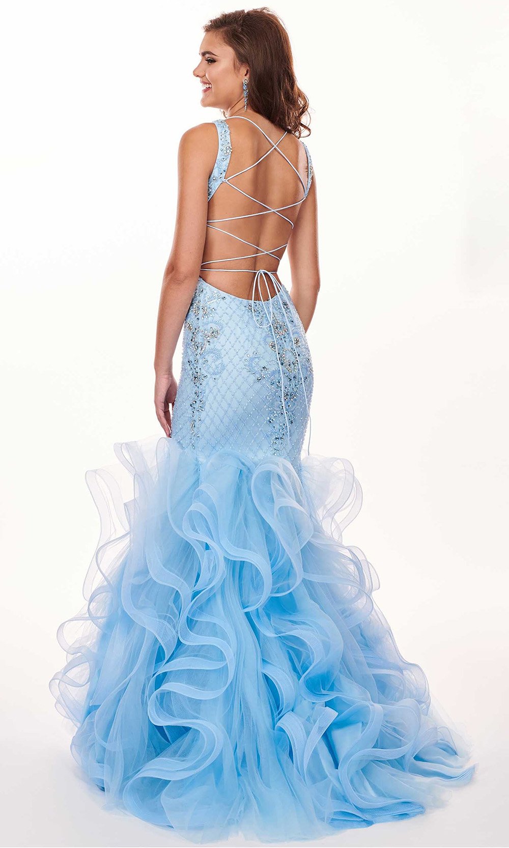 Rachel Allan - 6420 Beaded Deep V-neck Ruffled Tulle Mermaid Dress In Blue