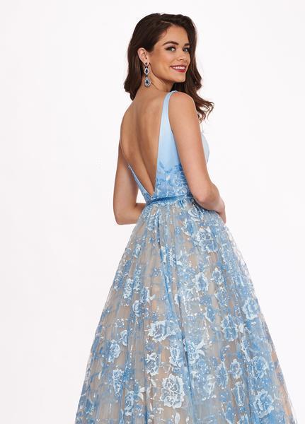 Rachel Allan - 6431 Sleeveless V Neck Floral Lace A-Line Prom Gown In Blue
