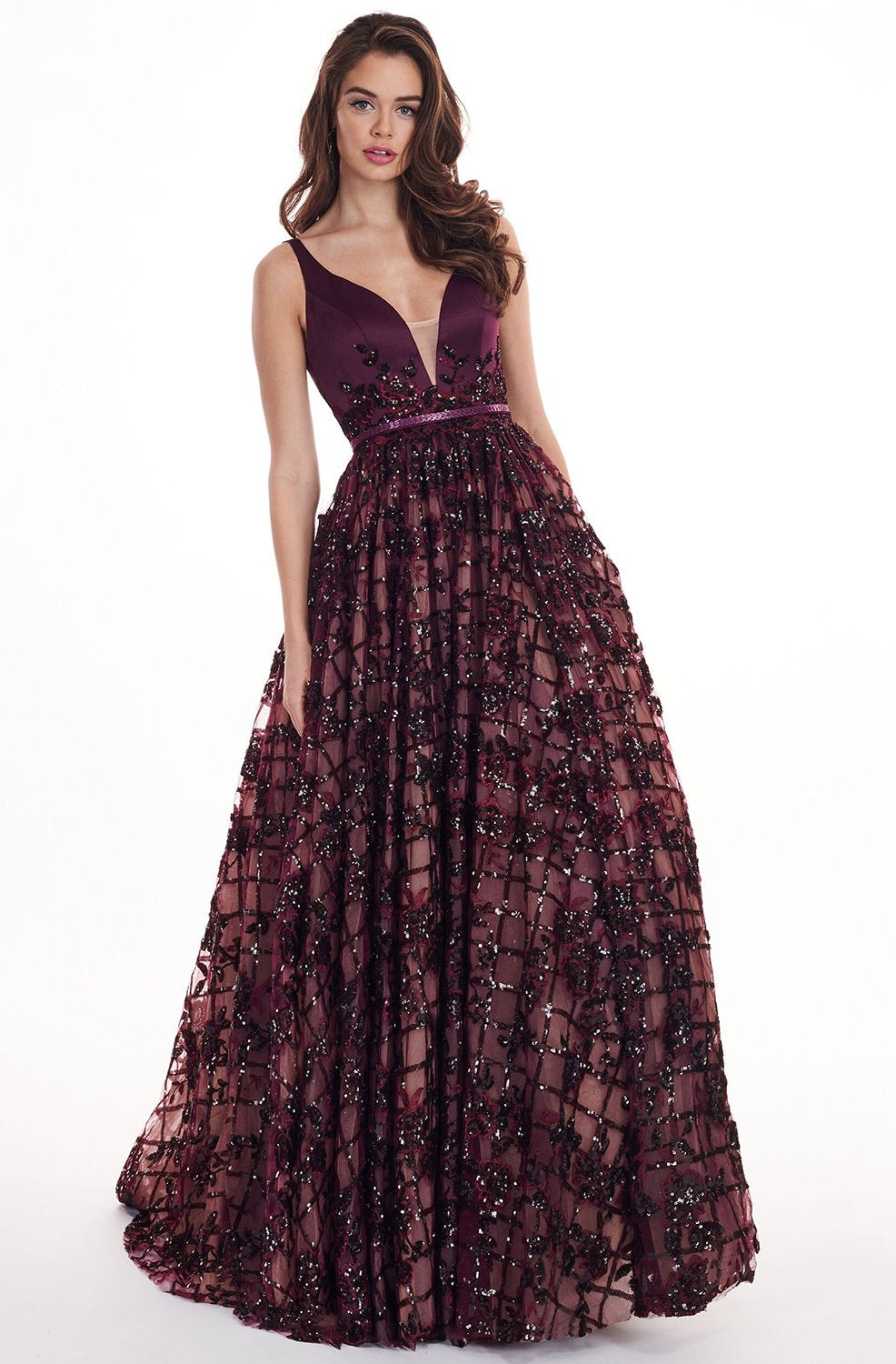 Rachel Allan - 6431 Sleeveless V Neck Floral Lace A-Line Prom Gown In Black and Purple