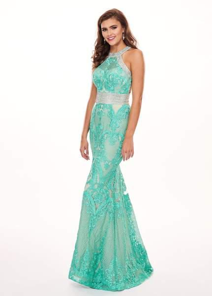 Rachel Allan - 6462 Crystal Embroidered Halter Mermaid Dress In Green