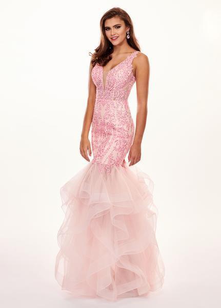 Rachel Allan - 6465 Illusion Plunging V Neck Ruffled Mermaid Gown In Pink