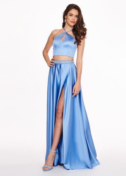Rachel Allan - 6483 Two Piece Halter A-Line Dress with Slit In Blue
