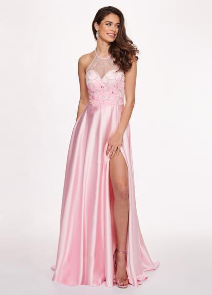 Rachel Allan - 6487 Beaded Halter Satin A-line Dress In Pink