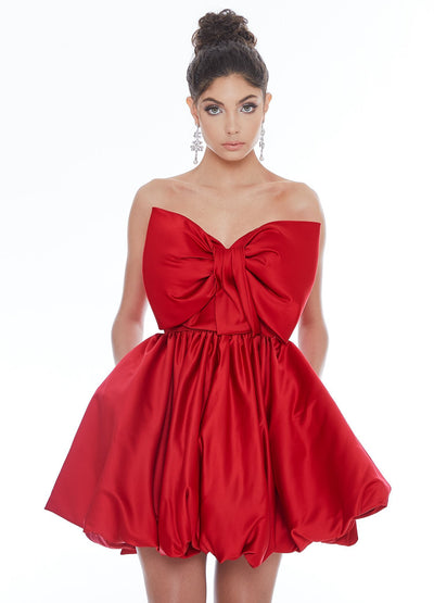 Ashley Lauren - 4218 Bowed Strapless Bubble Hem A-Line Cocktail Dress In Red