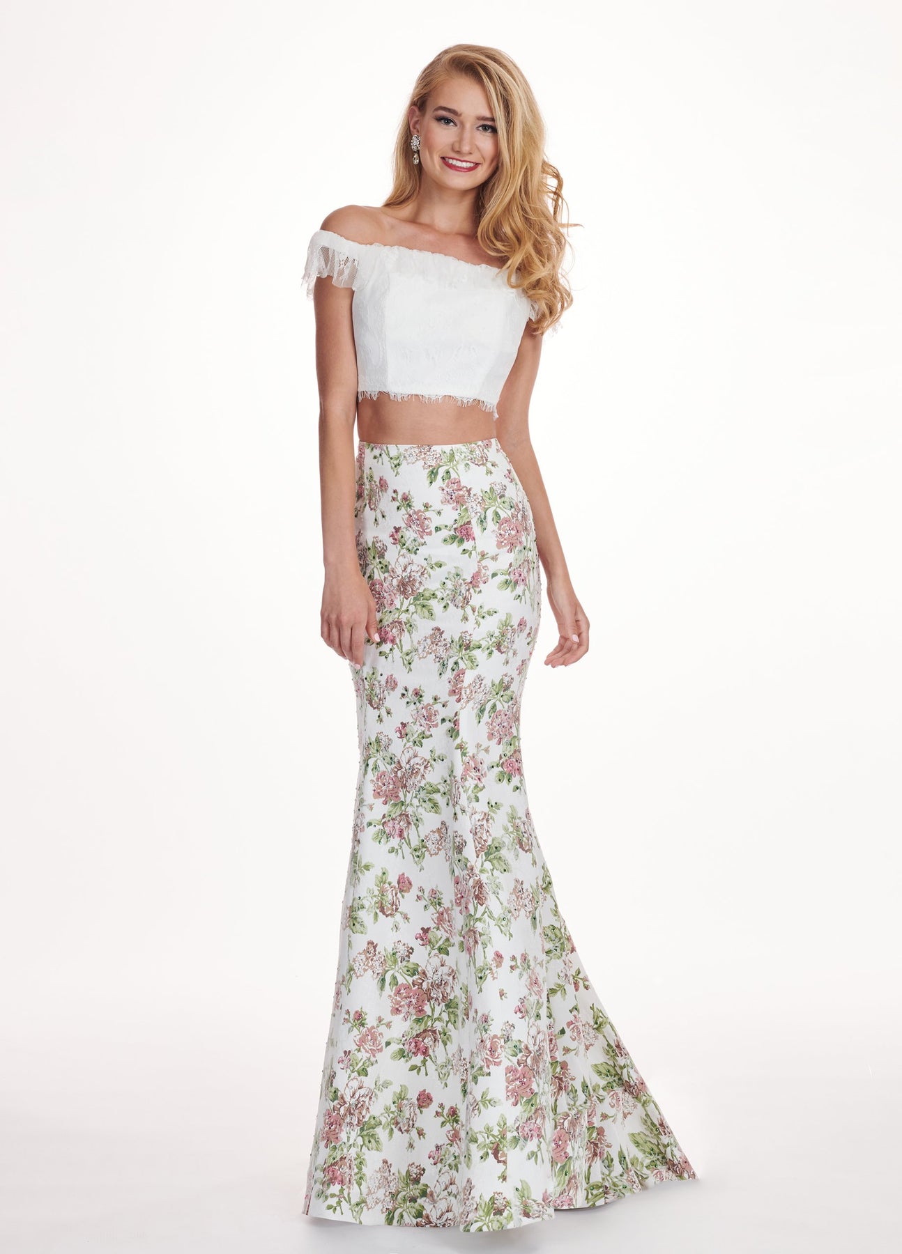 Rachel Allan - 6499 Two Piece Lace Off-Shoulder Mermaid Dress In White and Multi-Color