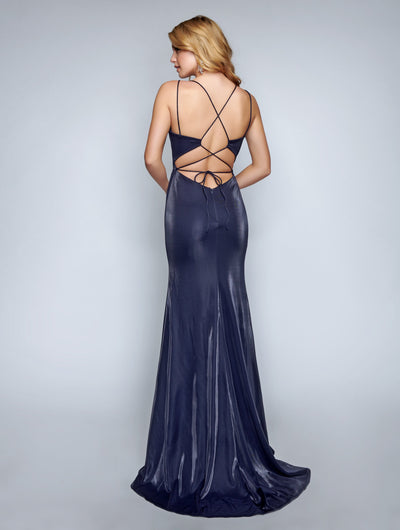 Nina Canacci - 6500 Plunging Sweetheart Lace-Up Sheath Gown In Blue