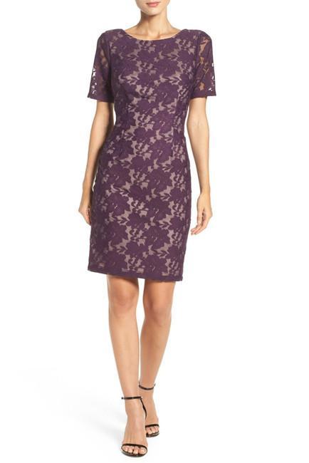 Adrianna Papell - Lace Bateau Sheath Dress AP1D100772  in Purple and Neutral