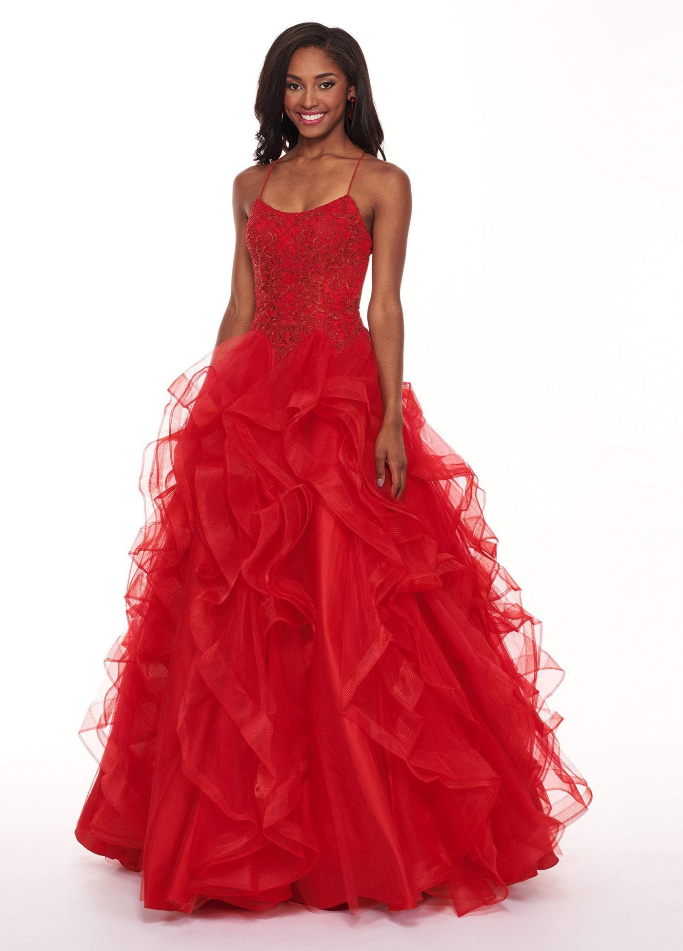 Rachel Allan - 6526 Embroidered Scoop Neck Ruffled Tulle Ballgown in Red