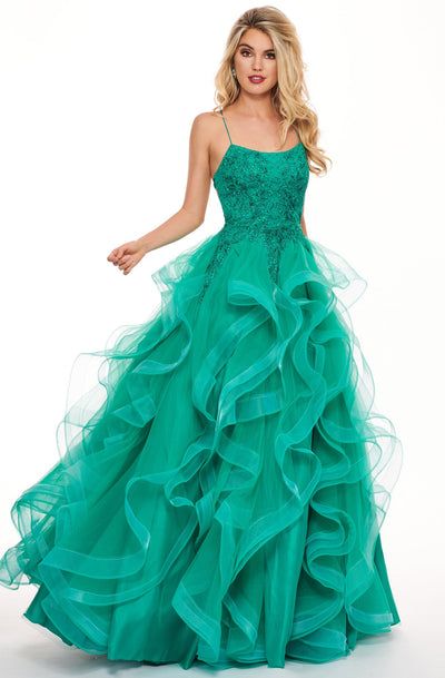 Rachel Allan - 6526 Embroidered Scoop Neck Ruffled Tulle Ballgown in Green