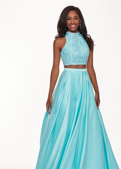 Rachel Allan - 6542 Two Piece Embroidered Matte Satin Ballgown In Blue and Green