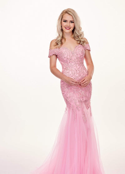 Rachel Allan - 6545 Lace Appliqued Off Shoulder Tulle Mermaid Gown In Pink