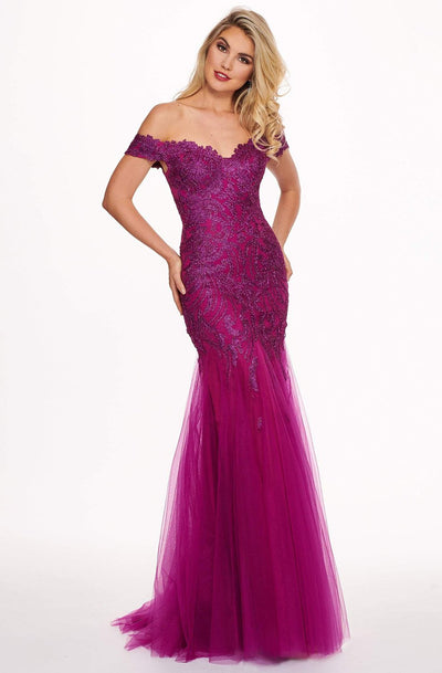 Rachel Allan - 6545 Lace Appliqued Off Shoulder Tulle Mermaid Gown In Purple and Red