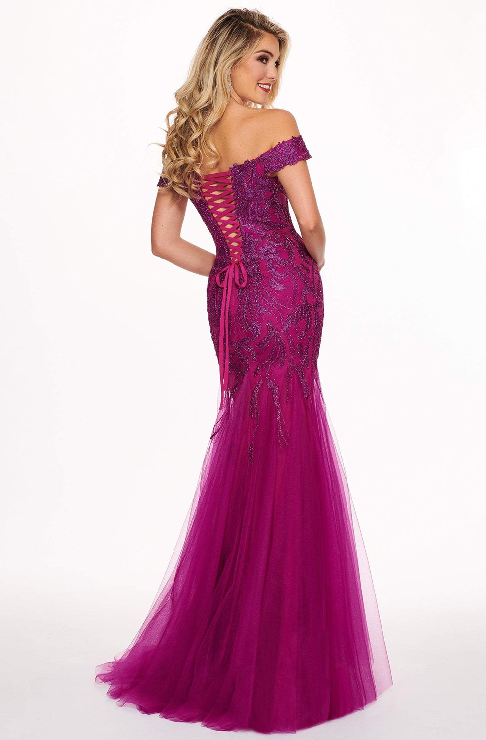 Rachel Allan - 6545 Lace Appliqued Off Shoulder Tulle Mermaid Gown In Purple and Red