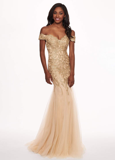 Rachel Allan - 6545 Lace Appliqued Off Shoulder Tulle Mermaid Gown In Gold and Neutral