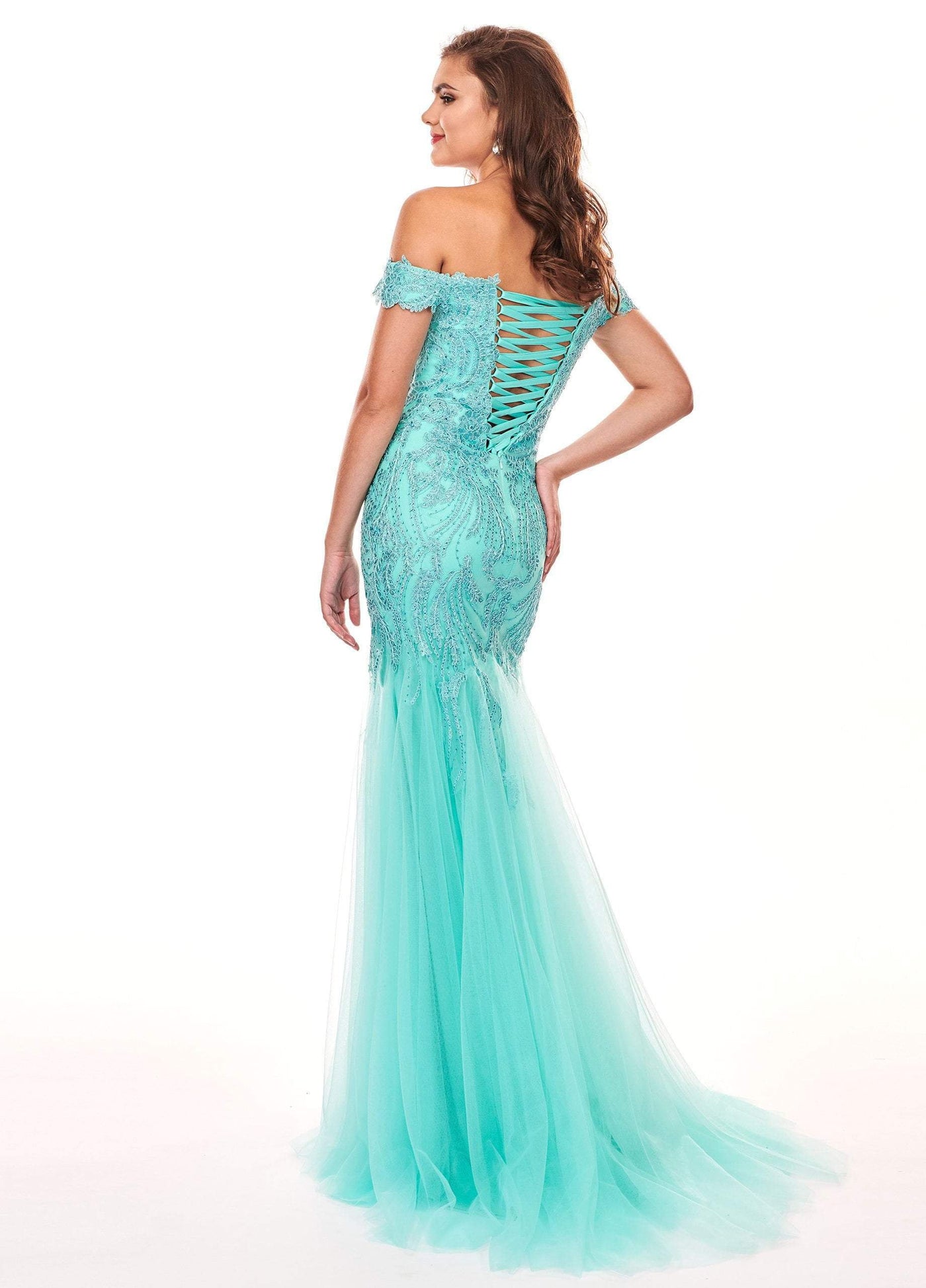 Rachel Allan - 6545 Lace Appliqued Off Shoulder Tulle Mermaid Gown In Blue and Green