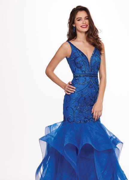 Rachel Allan - 6548 Plunging V-Neck Ruffled Mermaid Dress In Blue