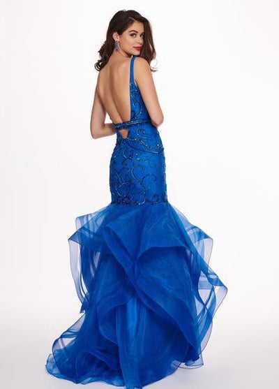 Rachel Allan - 6548 Plunging V-Neck Ruffled Mermaid Dress In Blue