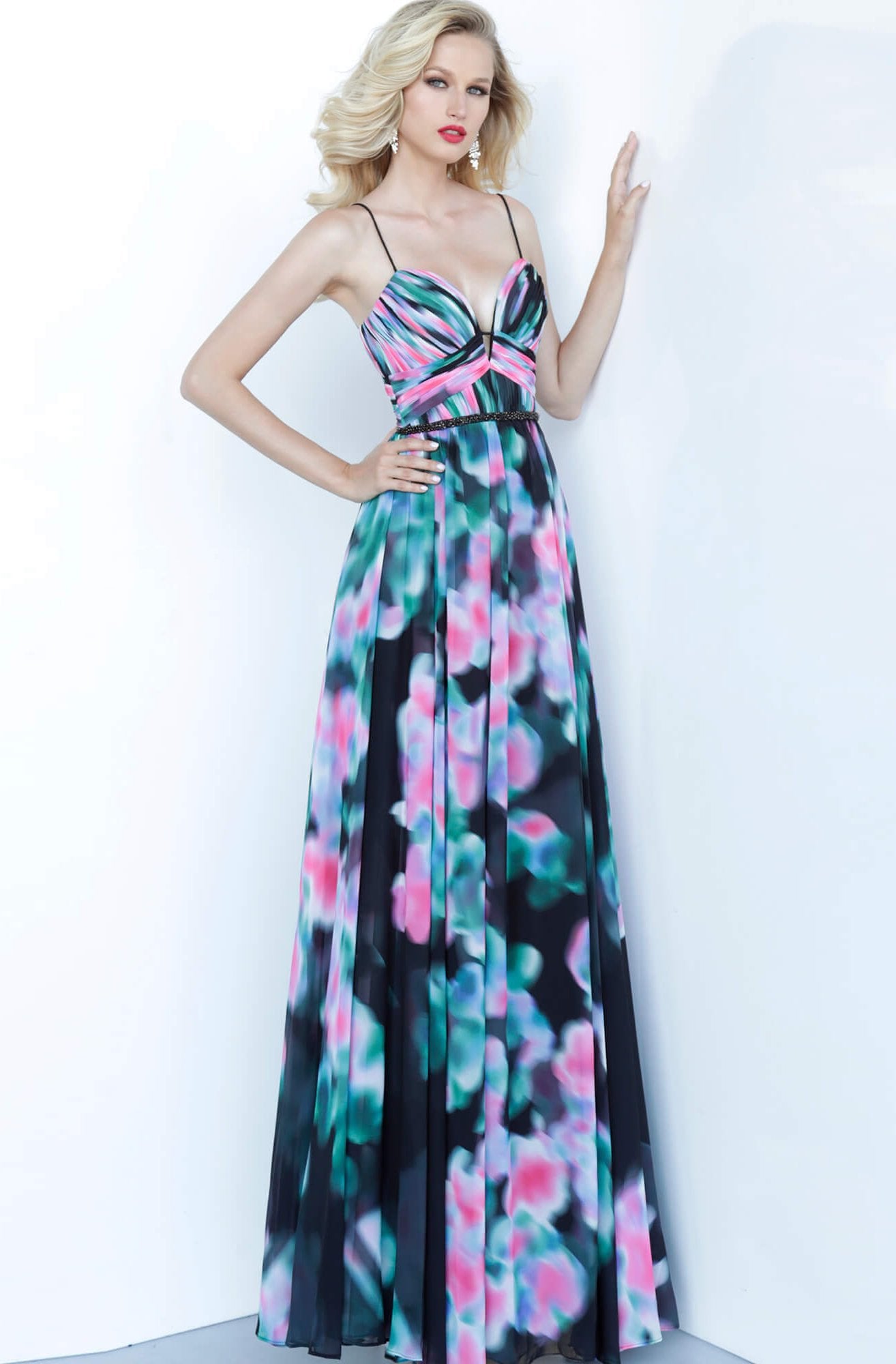 Jovani - 65614 Printed Deep V-neck A-line Dress In Print