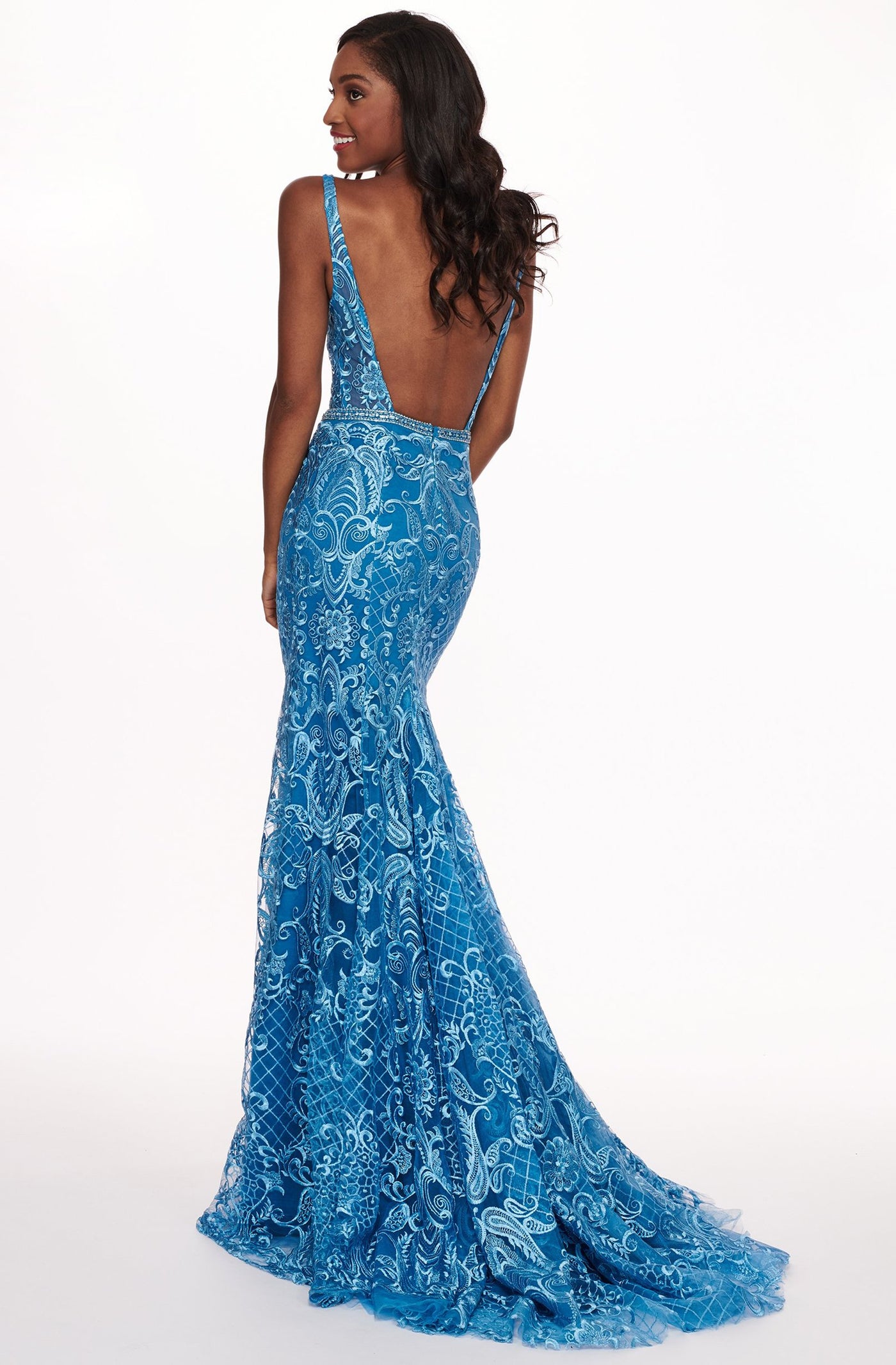 Rachel Allan - 6590 Embroidered Lace Scoop Neck Gown in Blue